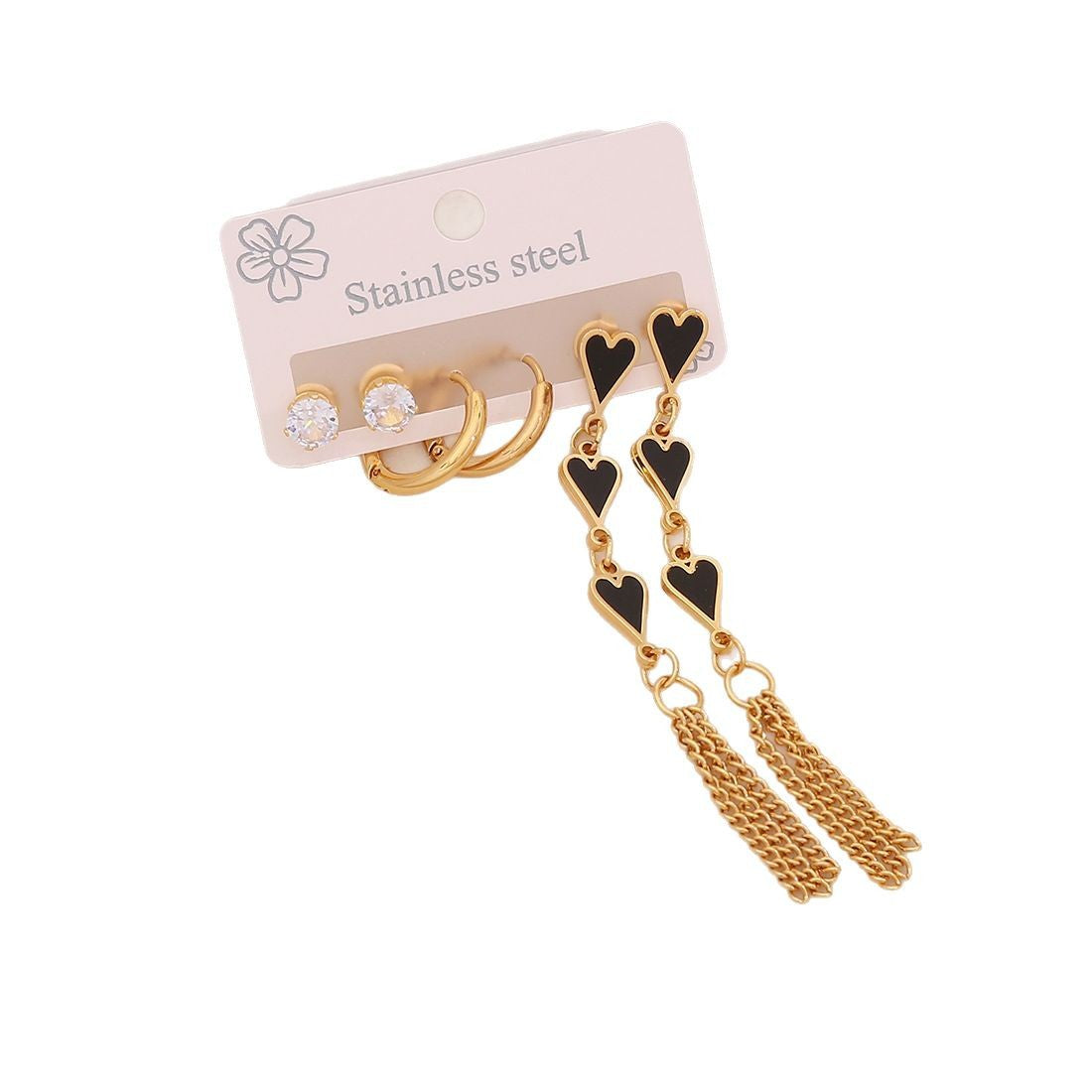 Fashionable OL Style Heart-Shaped Titanium Steel Earrings Set with Electroplated Finish and Floral Six-Petal Flower Design for Women