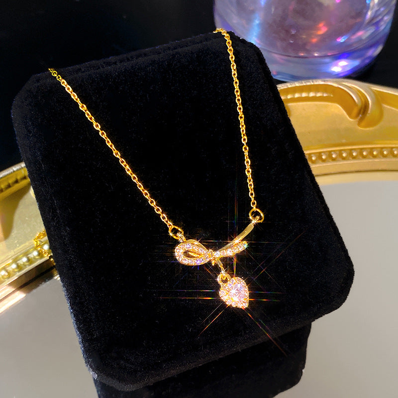 Sweet Minimalist Heart Bow Titanium Steel Plated Necklace with Brass Pendant Cable Chain Unisex