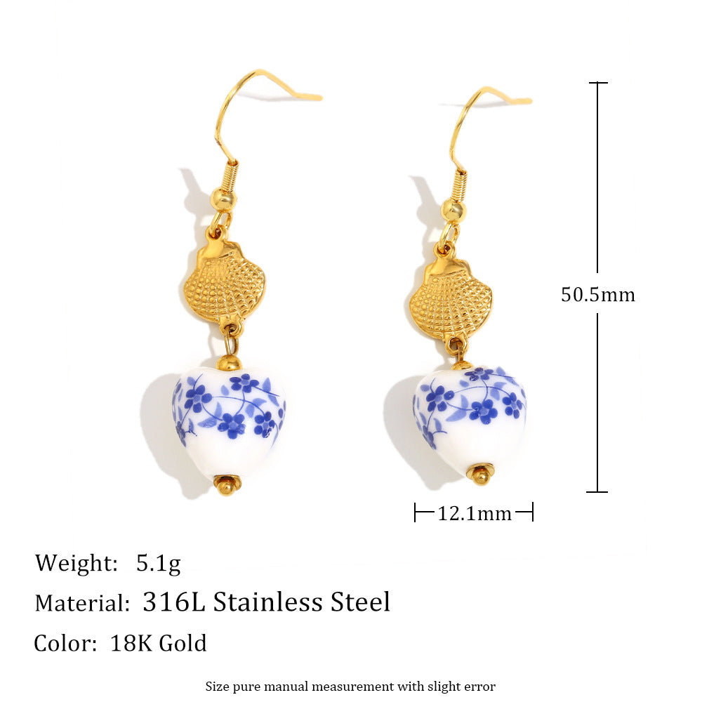 Fashionable Geometric Stainless Steel Earrings with 18K Gold Plating and Blue-and-White Porcelain Shell Accents for Women