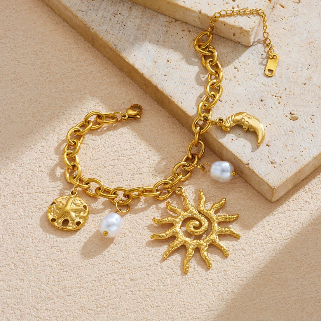 Vintage Gold Plated Irregular Round Star Moon Sun Pendant Stainless Steel Bracelet for Women