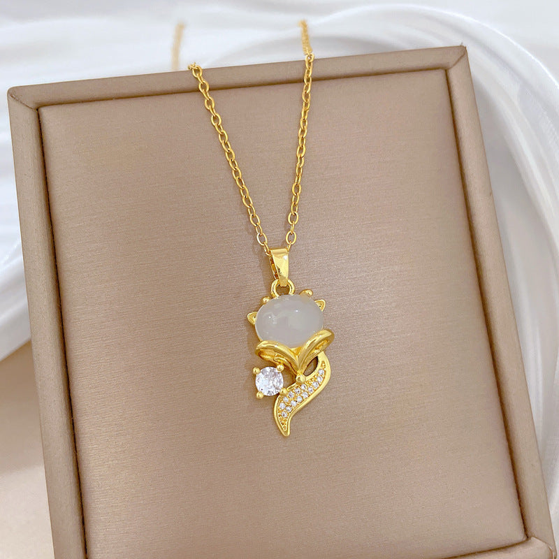 Sweet Geometric Fox Cat's Eye Rhinestone Inlay Titanium Steel Necklace for Unisex