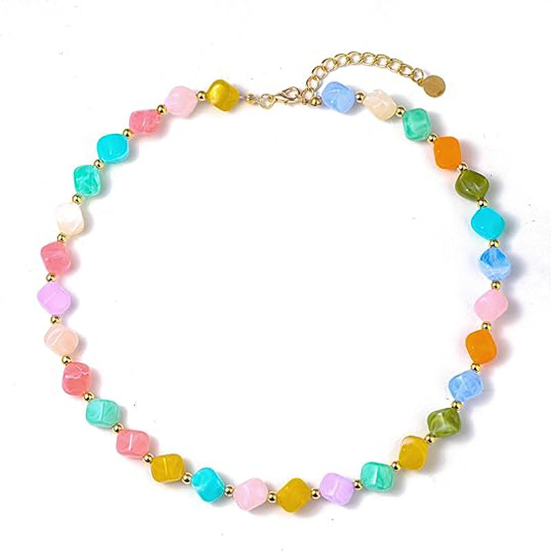 Bohemian Casual Geometric Oval Resin Polished Pendant Ball Chain Necklace for Women