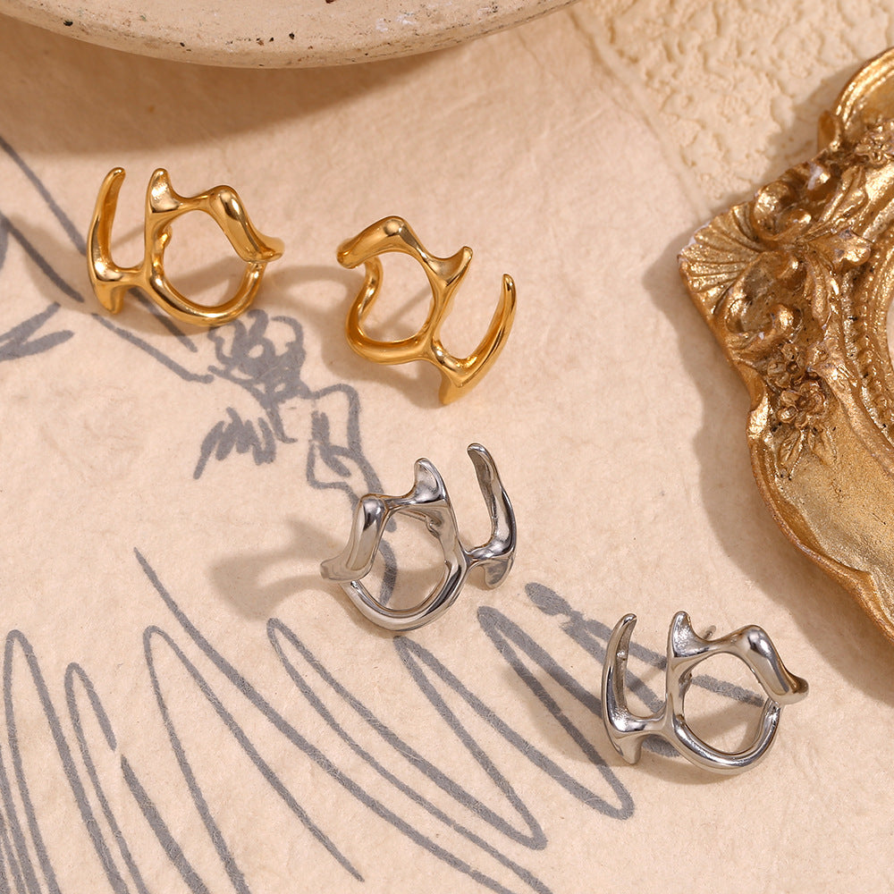 Orecchini a perno da donna alla moda asimmetrici a maschera astratta effetto liquido, in acciaio inossidabile con placcatura in oro 18K