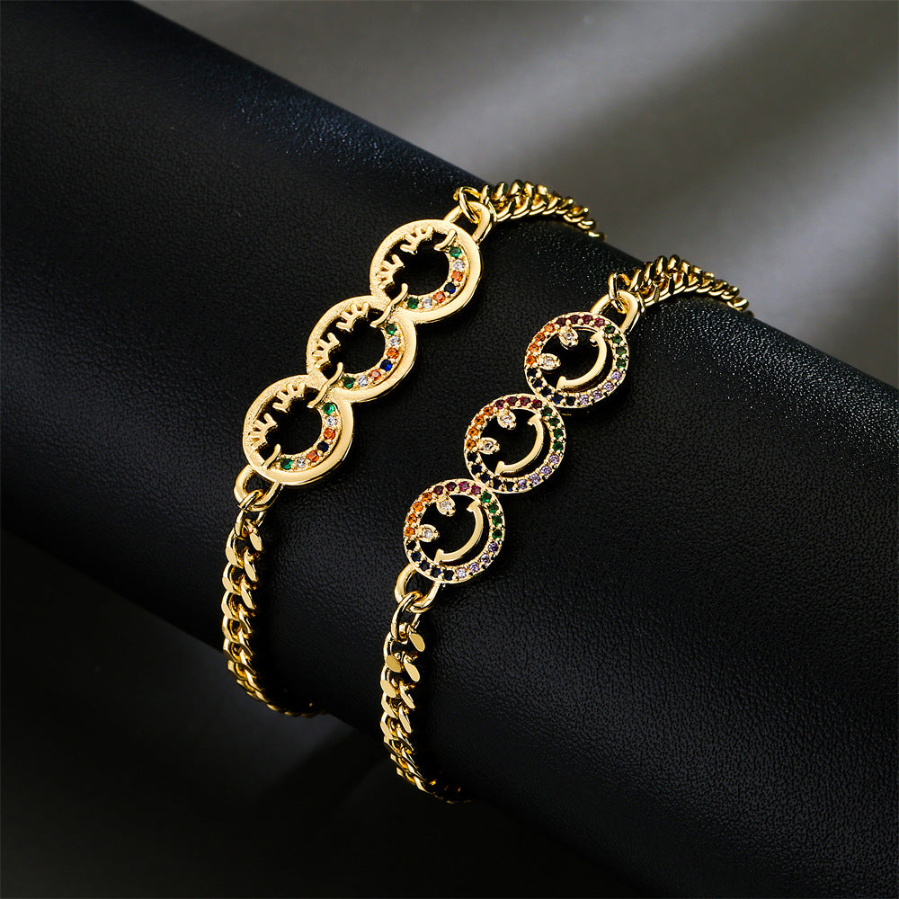 18K Gold Plated Brass Geometric Smiley Face Bracelet with Micro-set Cubic Zirconia for Women