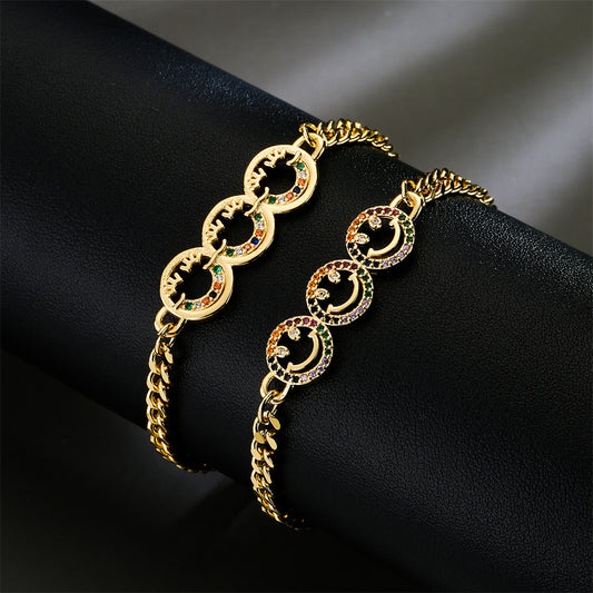 18K Gold Plated Brass Geometric Smiley Face Bracelet with Micro-set Cubic Zirconia for Women