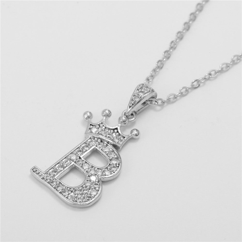 Minimalist Crown Letter Cubic Zirconia Micro-inlay Brass Necklace with Cable Chain