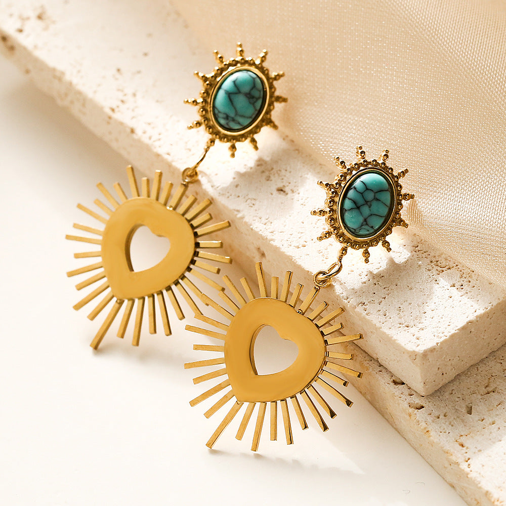 Vintage-style Heart-shaped Titanium Steel Drop Earrings with Turquoise Inlay for Women