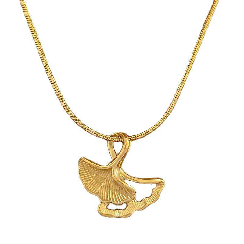 Minimalist Ginkgo Leaf Pendant Necklace in Titanium Steel with Rhinestone Inlay for Women