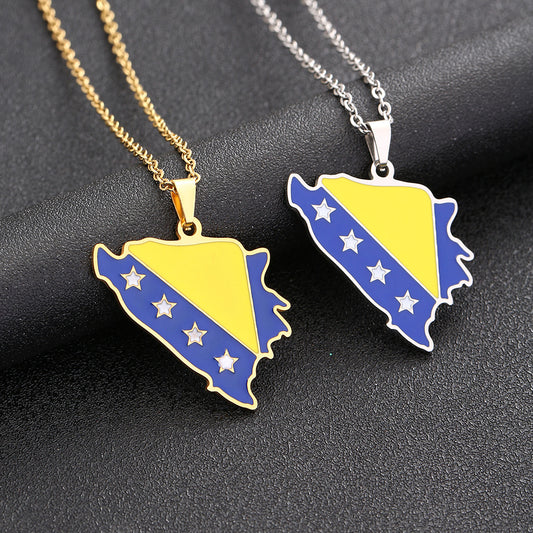 Ethnic Style Geometric Bosnia and Herzegovina Map Pendant Necklace in Stainless Steel with Titanium Steel Charm, Electroplated O-Chain, Unisex