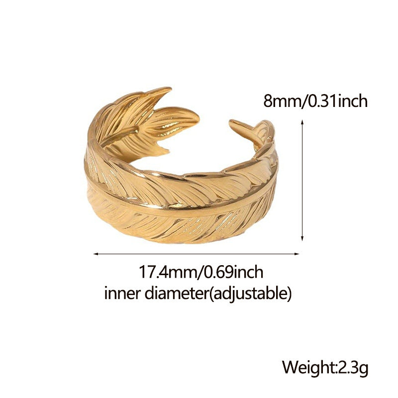 Minimalist Feather-Shaped Titanium Steel Ring with 18K Gold Plating for Women