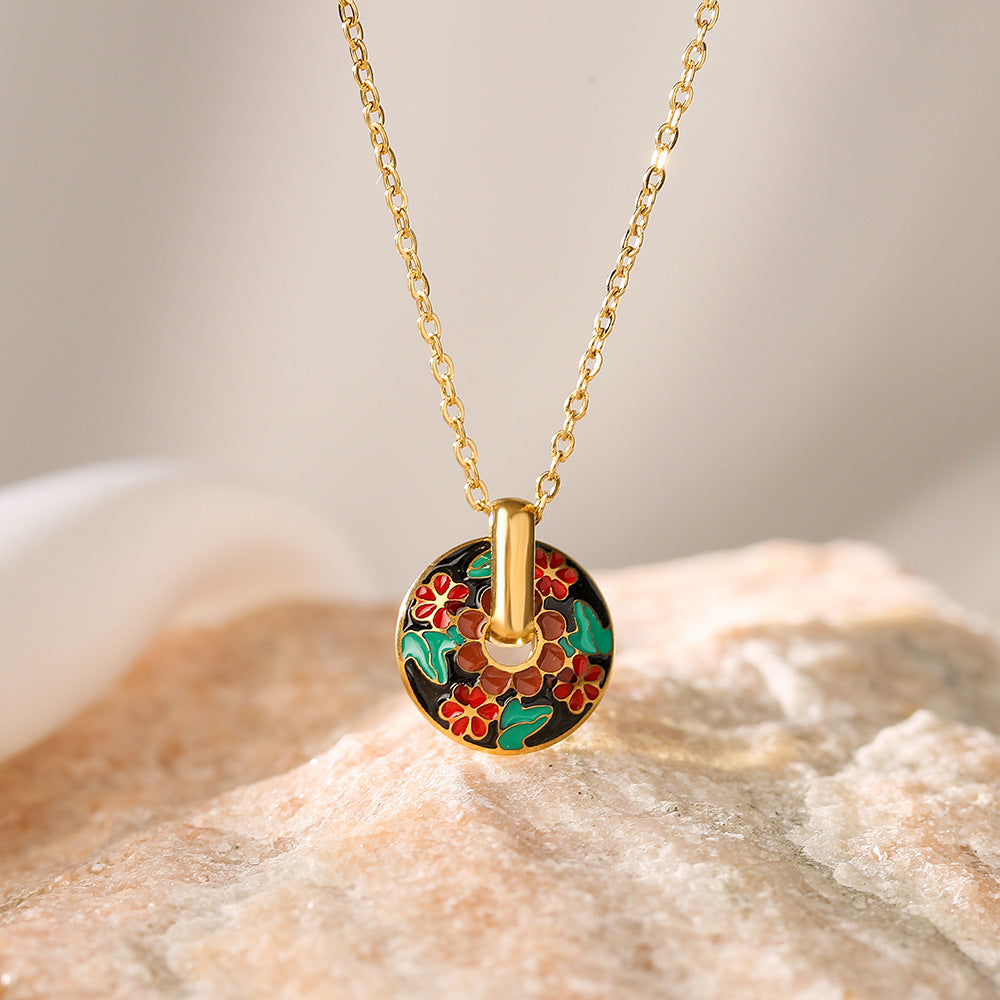 Minimalist Floral Geometric Pendant Necklace for Women in Titanium Steel with Enamel Finish