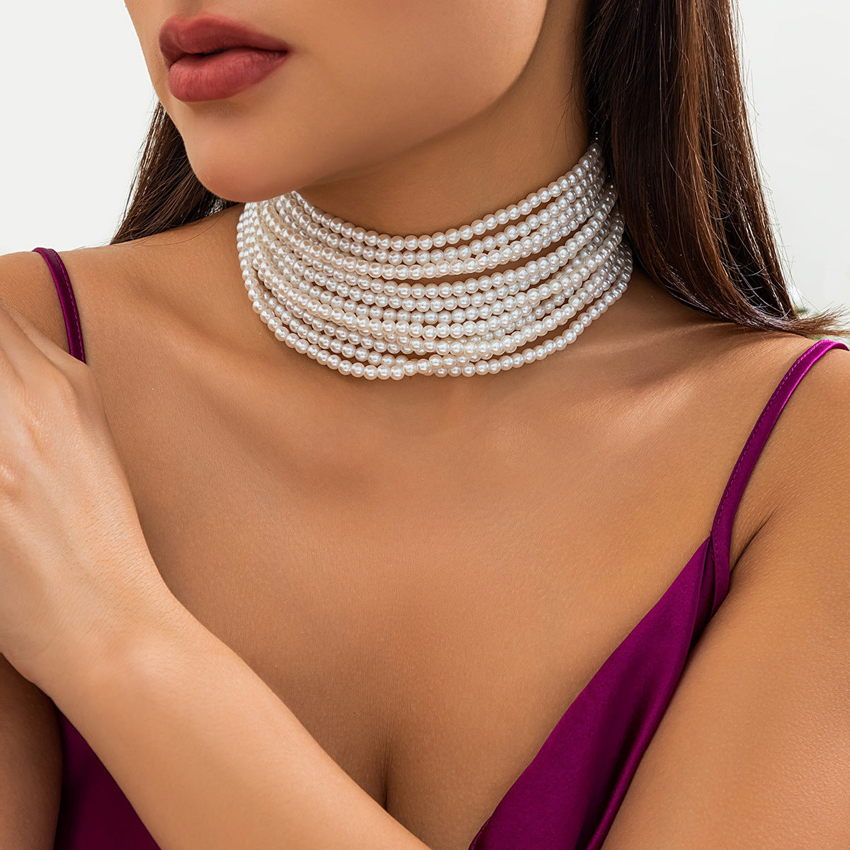 Collana da donna vintage elegante con perle finte a goccia geometriche, placcata, con catena a più strati