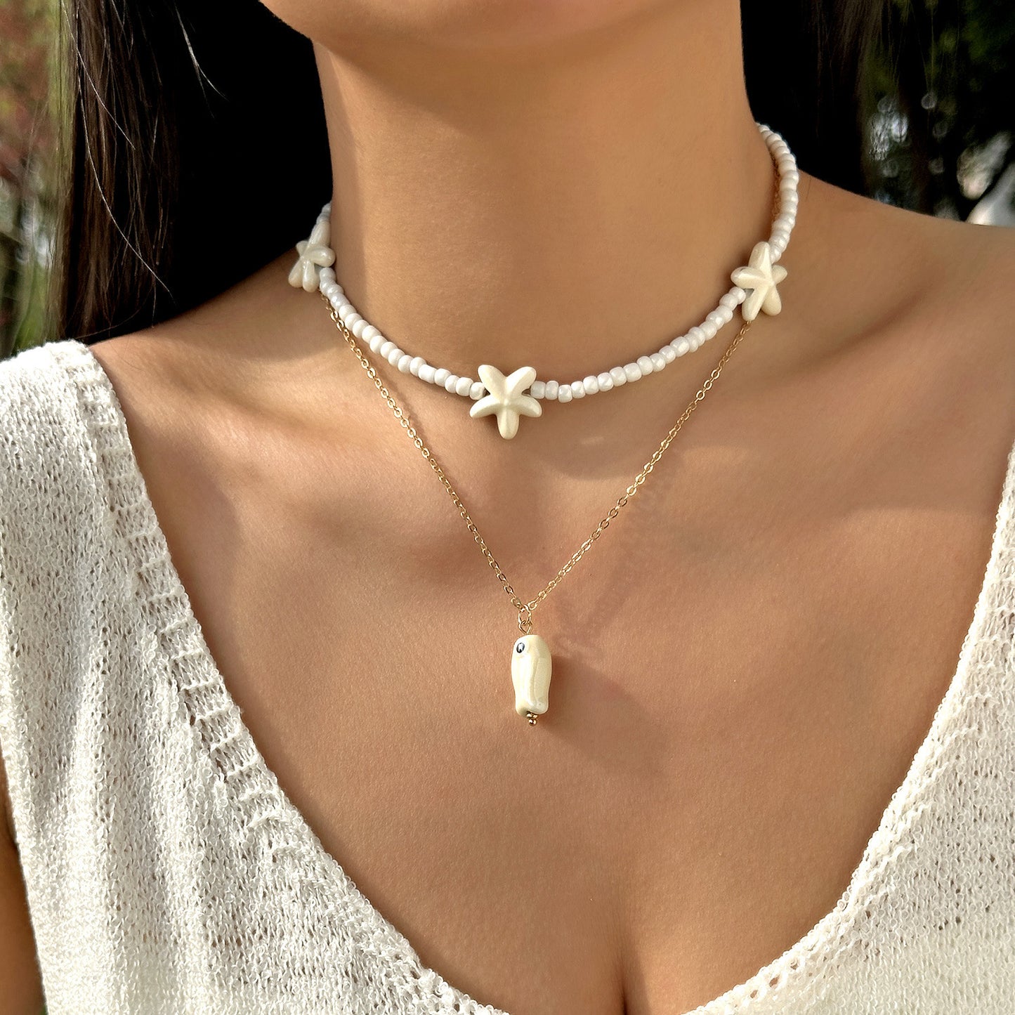 Bohemian Sweet Geometric Ceramic Resin Fish Starfish Turquoise Tassel Beaded Necklace for Women