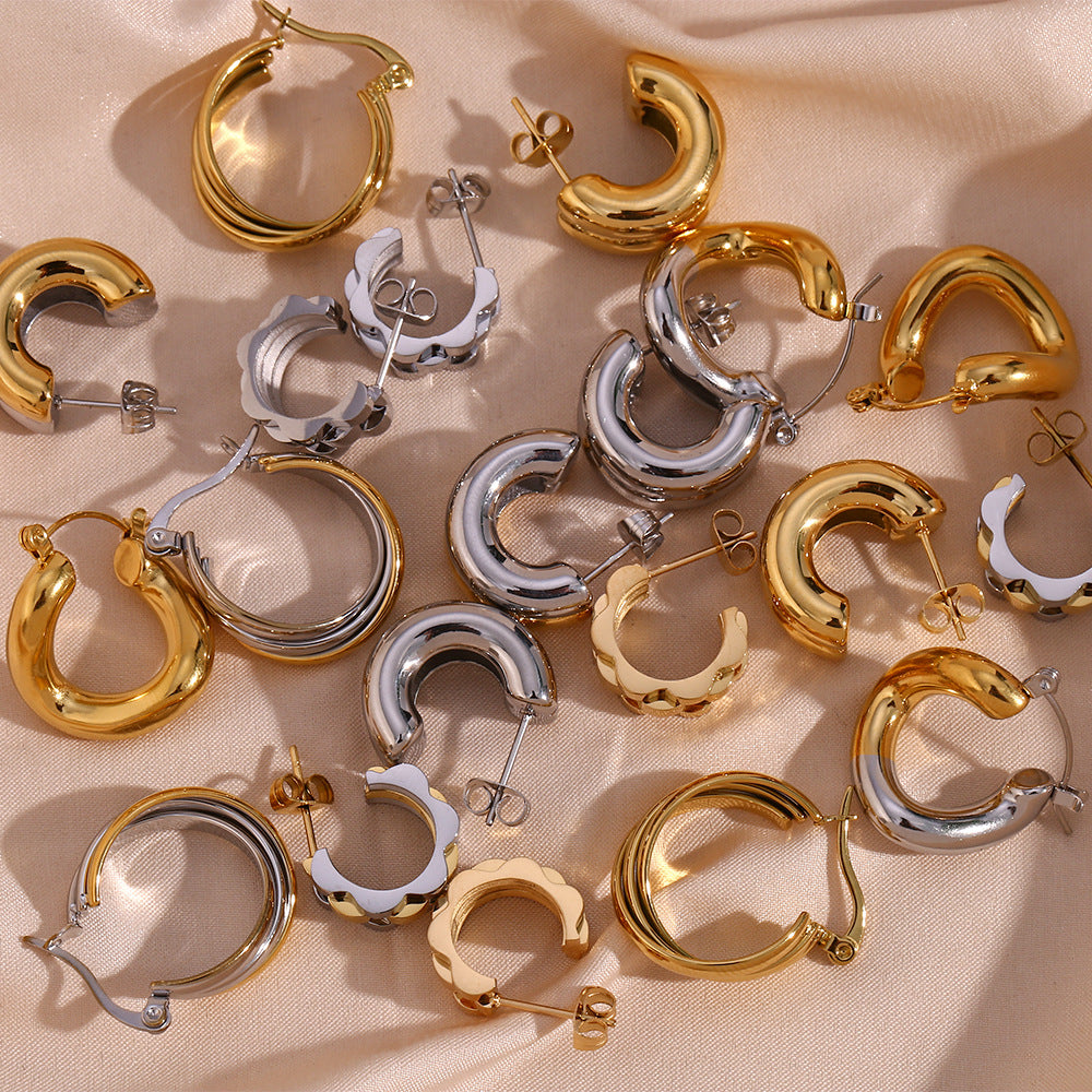 Minimalist Geometric Double-Layer C-Shaped Stainless Steel Hoop Earrings with Plated Finish