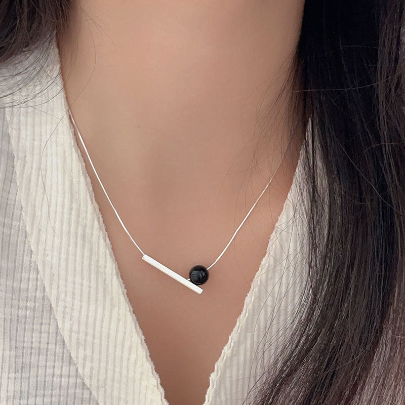 925 Sterling Silver Geometric Black Onyx Pendant Necklace for Women Minimalist Sweet Style