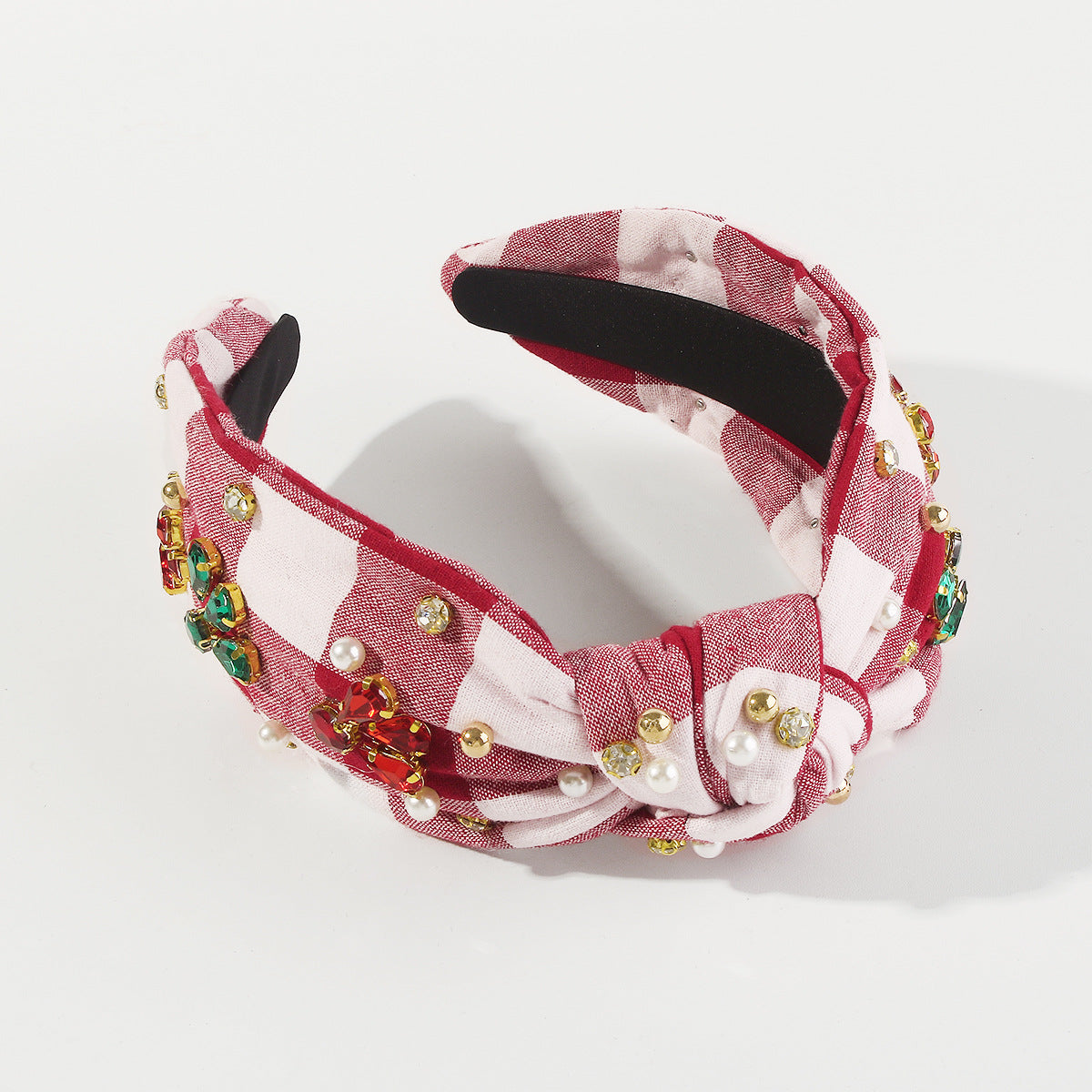 Diadema para mujer dulce y atrevida con diseño de cuadros y pedrería, base de tela y adorno.