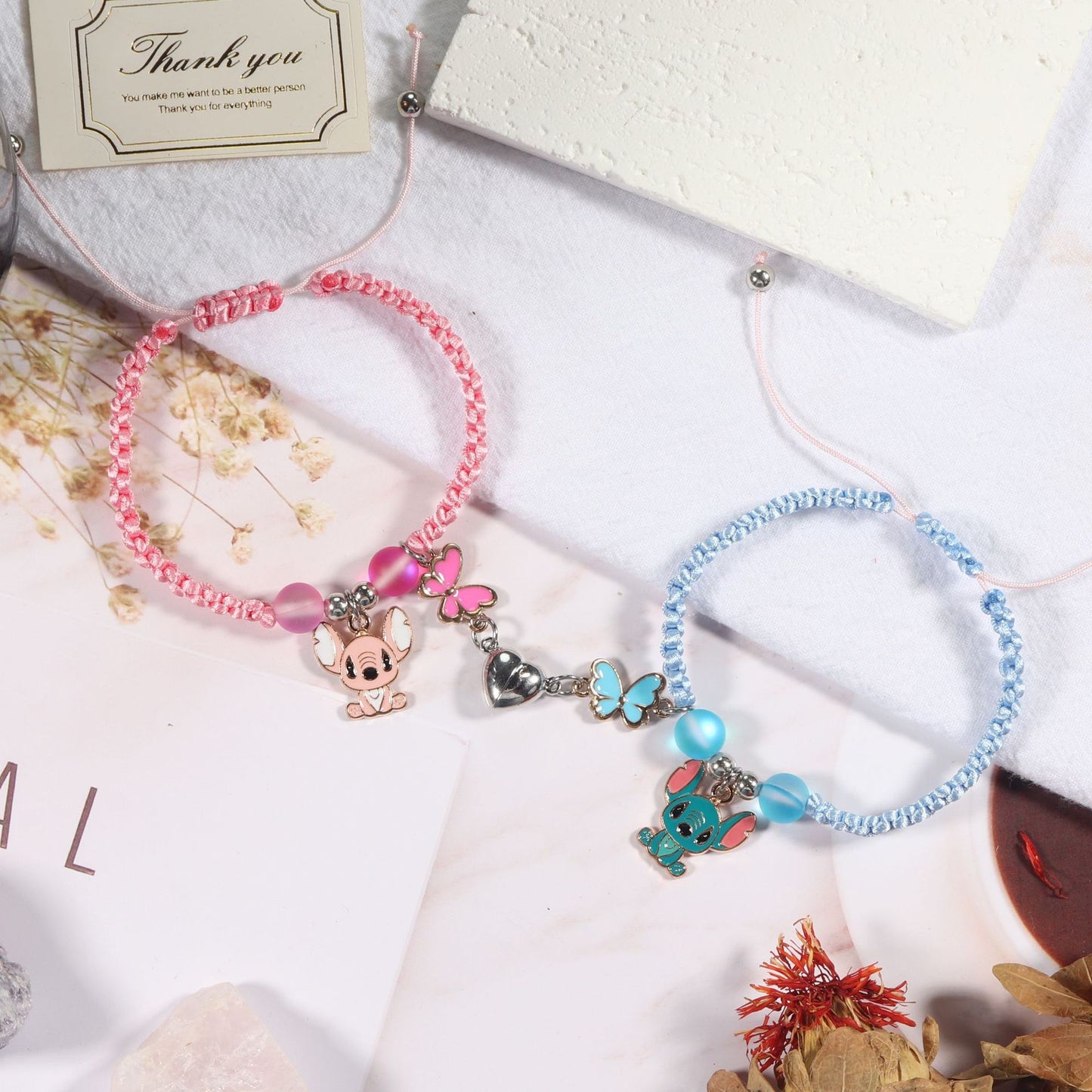 Sweet Cartoon Heart Stitch Magnetic Braided Bracelet Set Unisex