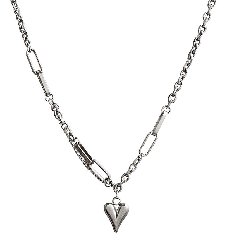 Minimalist Heart-Shaped Titanium Steel Necklace with Polished Finish for Women and Men, Delicate Clavicle Chain with Cross-Link Design