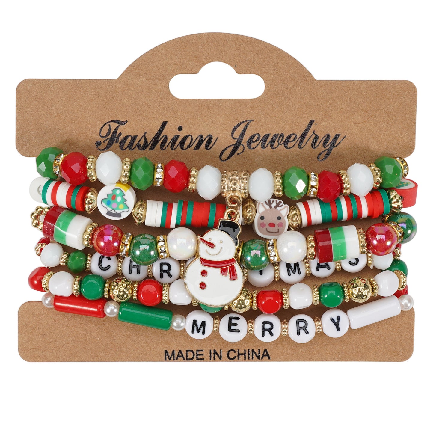 Unisex Natural Stone Beaded Bracelet with Snowman Christmas Tree Santa Reindeer Charms Floral Pattern Holiday Gift