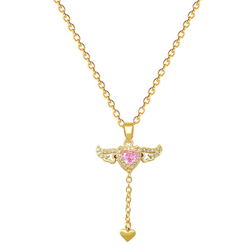 Sweet Geometric Moon Rhinestone Paved Movable Wing Tassel Necklace Titanium Steel Cable Chain for Women