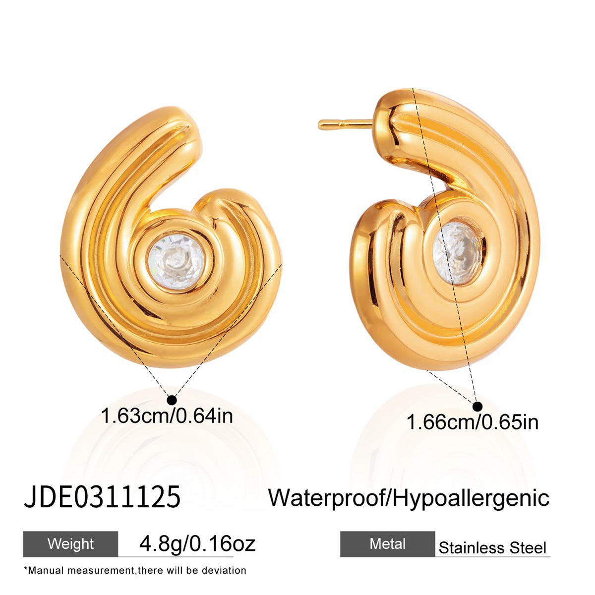 Orecchini a perno da donna minimalisti geometrici in acciaio inossidabile con zirconia, placcati oro PVD sottovuoto di lusso