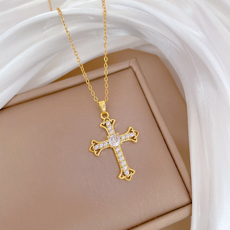 Minimalist Cross Pendant Necklace in Titanium Steel with Rhinestone Inlay for Women and Unisex, Delicate Clavicle Chain