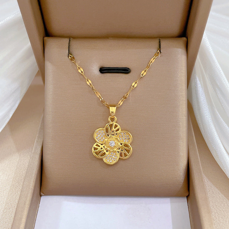 Collana con pendente a fiore girevole di lusso da donna in acciaio inossidabile, catena a medaglione geometrica per banchetti nuziali ed eleganza quotidiana