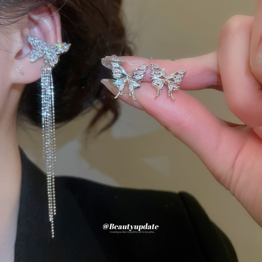 Orecchini pendenti da donna con farfalla minimalista di lusso con zirconia, stile ear cuff, leggeri, ipoallergenici e a clip