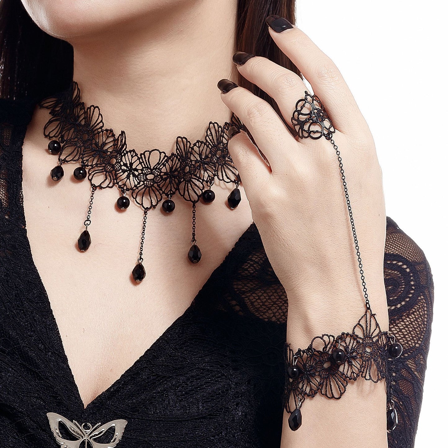 Gothic Dark Floral Crystal Pendant Necklace with Lace Chain for Women