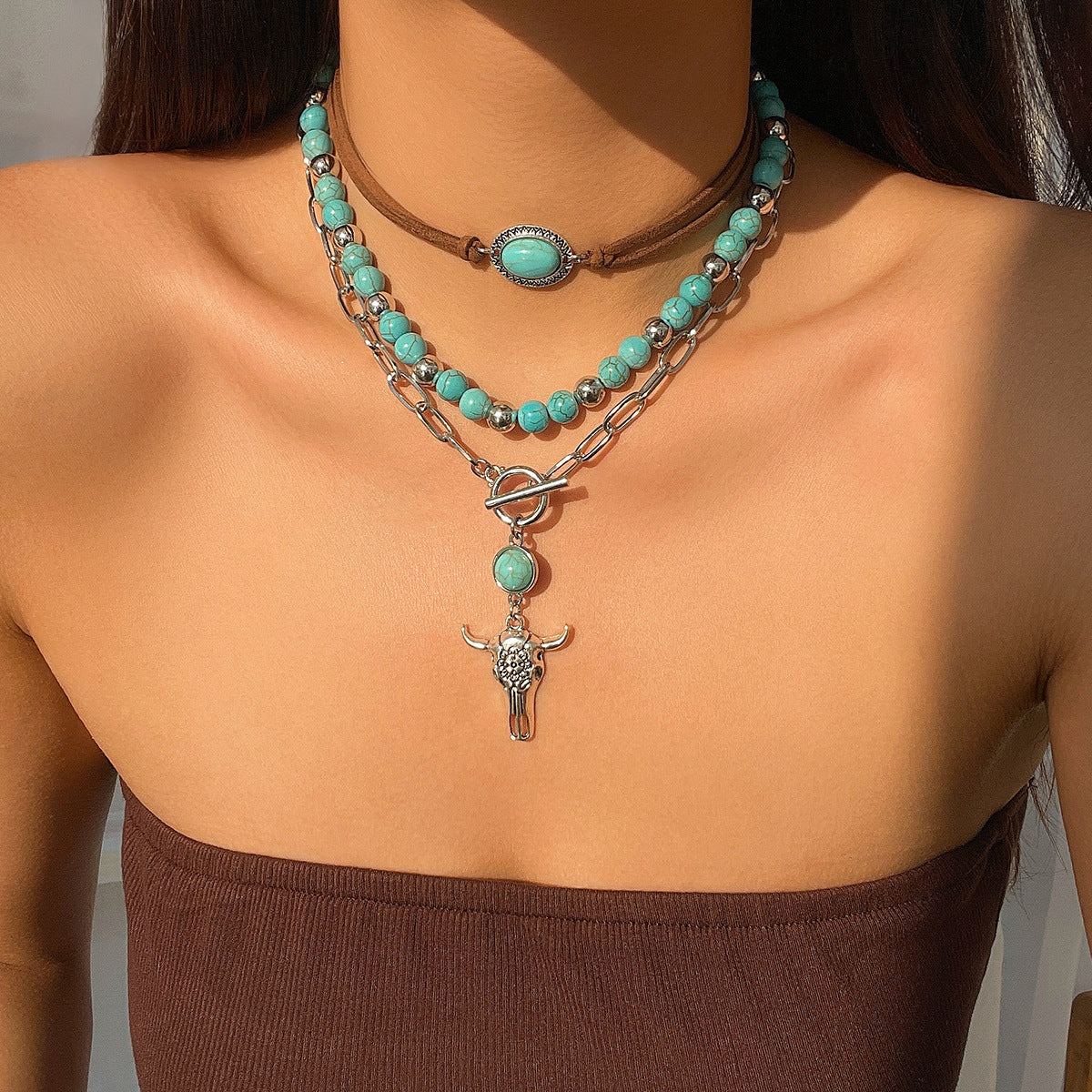 Set di collana con pendente geometrico vintage in lega di zinco con nappe e catena di perline da donna