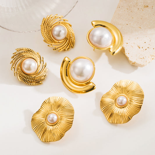 Orecchini a perno geometrici minimalisti in acciaio inossidabile con intarsio di perle simulate per donne, gioielli di lusso placcati alla moda
