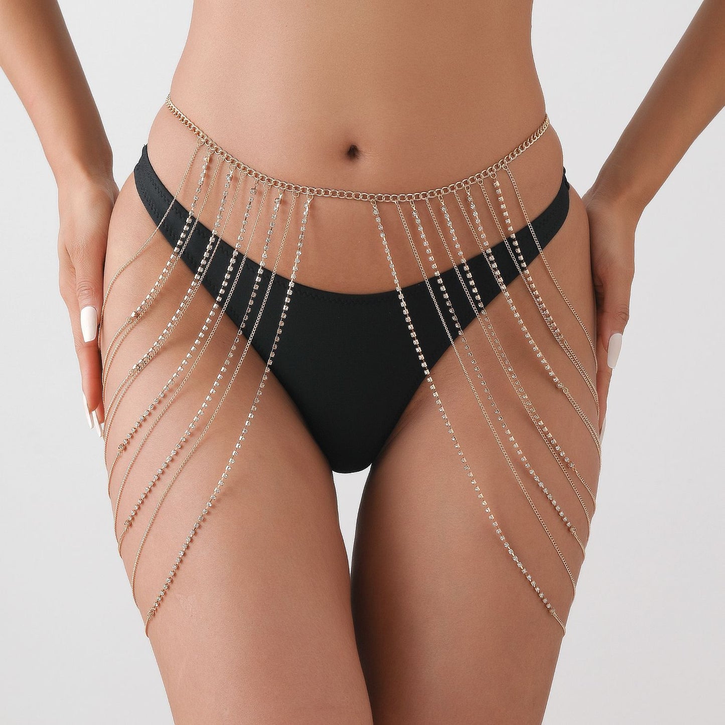 Punk Style Body Chain for Women with Rhinestone Inlay and Hollow-Out Design Adjustable Waist Chain