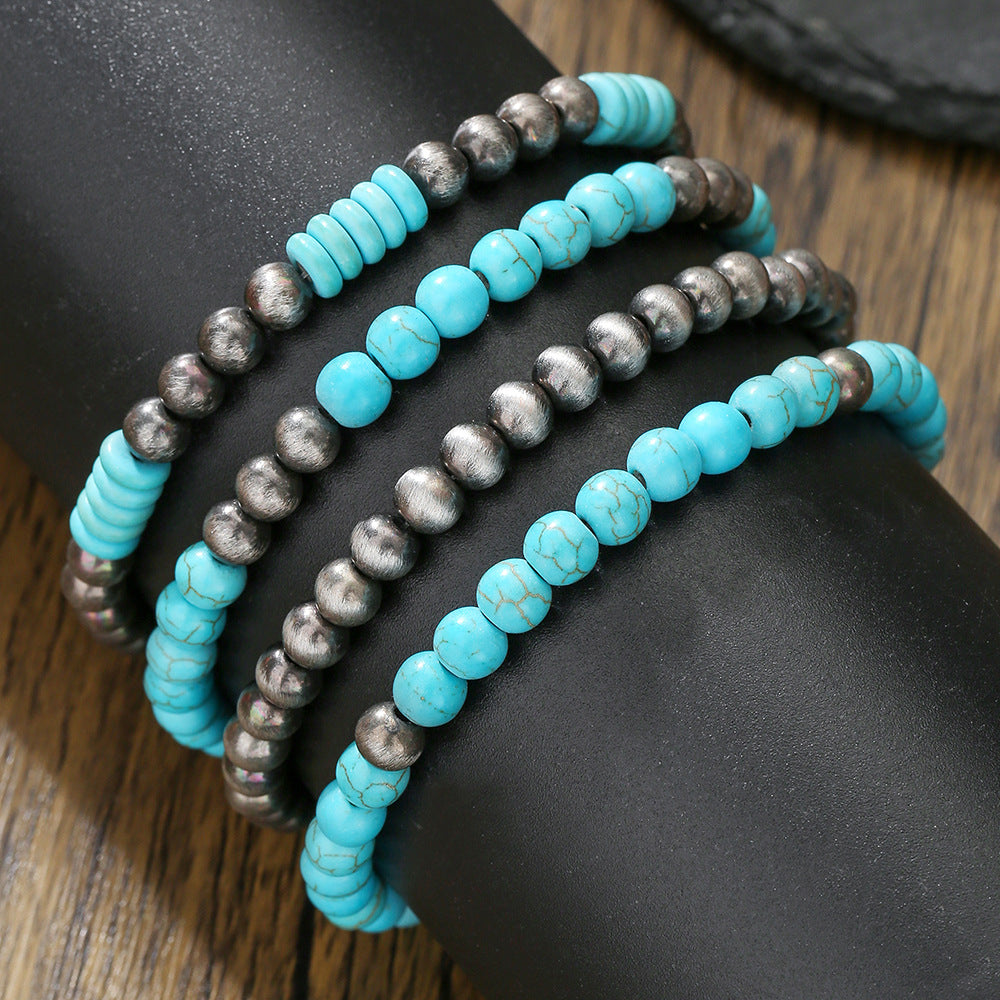 Vintage Textured Tin CCB Beaded Bracelet with Turquoise Stones for Women