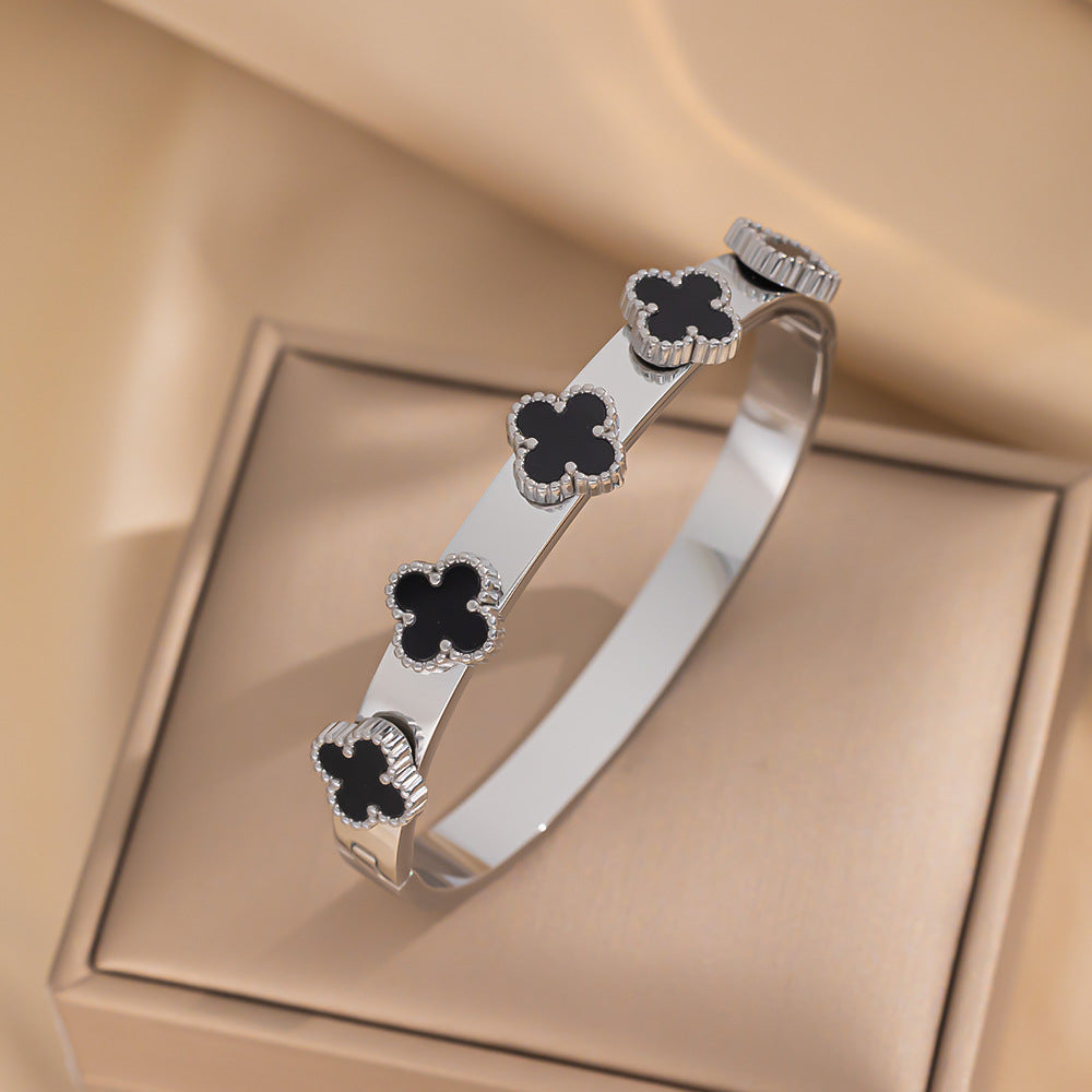 Bracciale Minimalista in Acciaio Inossidabile da Donna con Placcatura in Acciaio al Titanio e Intarsio di Strass a Forma Geometrica Ovale