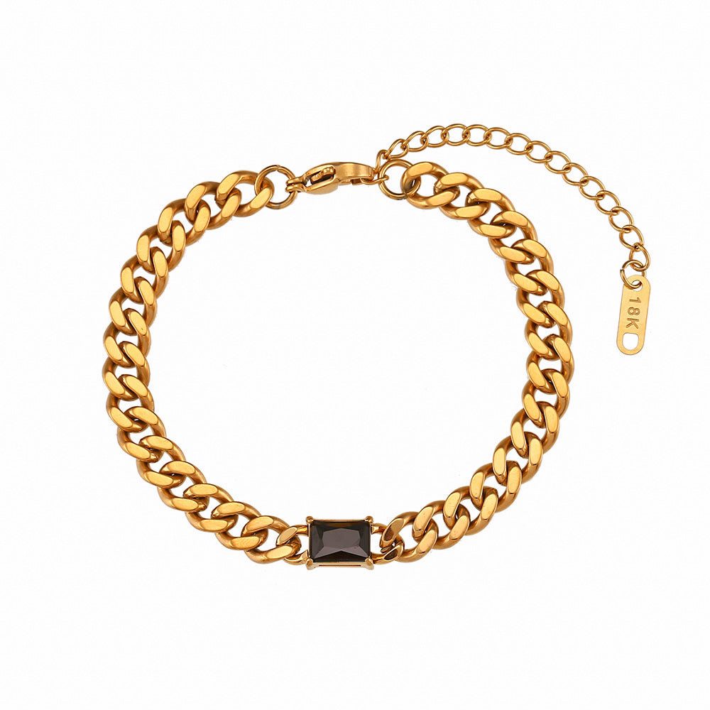 Minimalist Geometric Stainless Steel Plated 18K Gold Cuban Link Bracelet with Micro-Paved Zirconia for Women