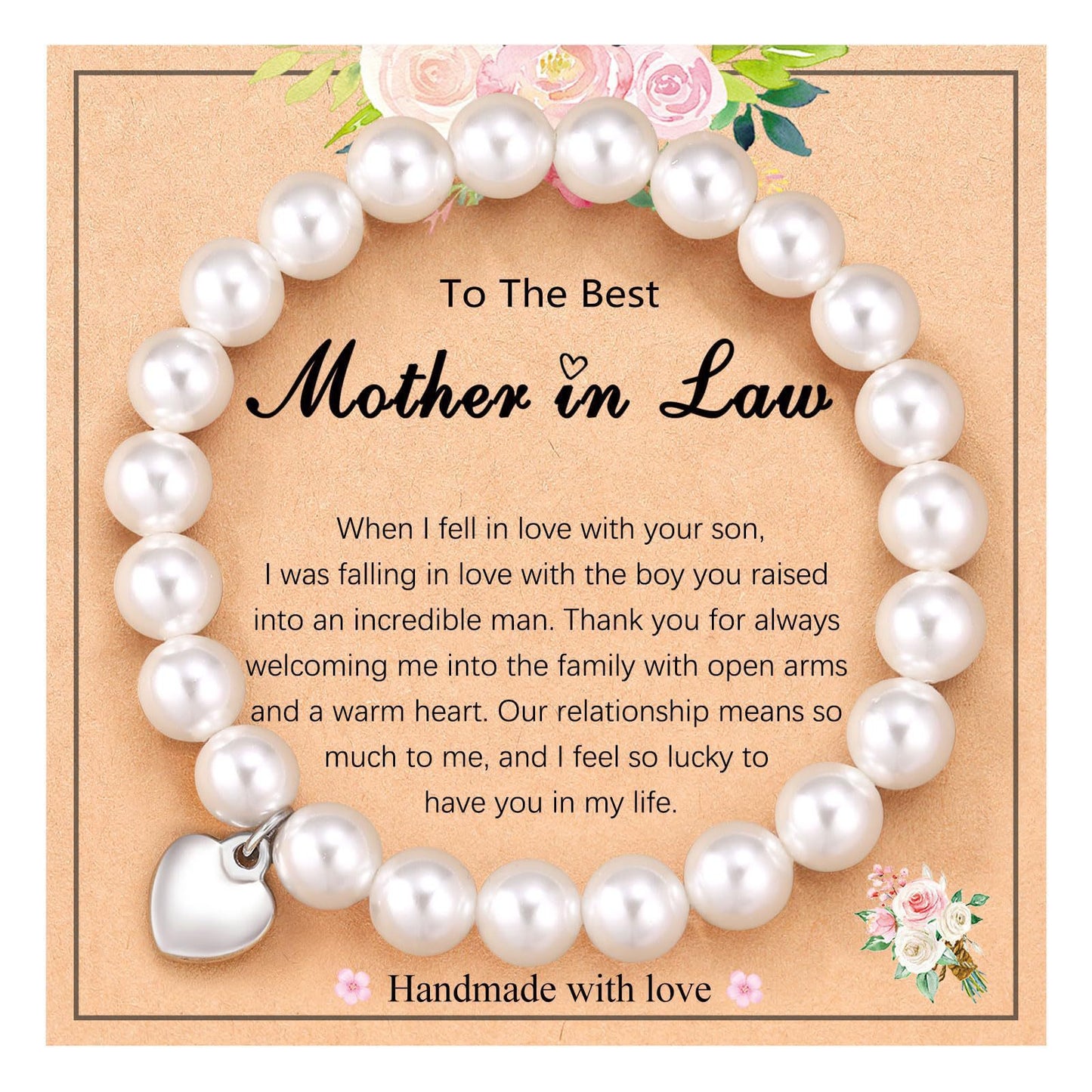 Minimalist 8mm Round Imitation Pearl Heart Charm Bracelet