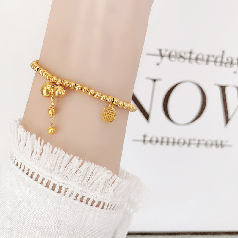Chinese New Year Lucky Fu Character Solid Mini Gourd Bracelet for Women in Titanium Steel with 18K Gold Plating