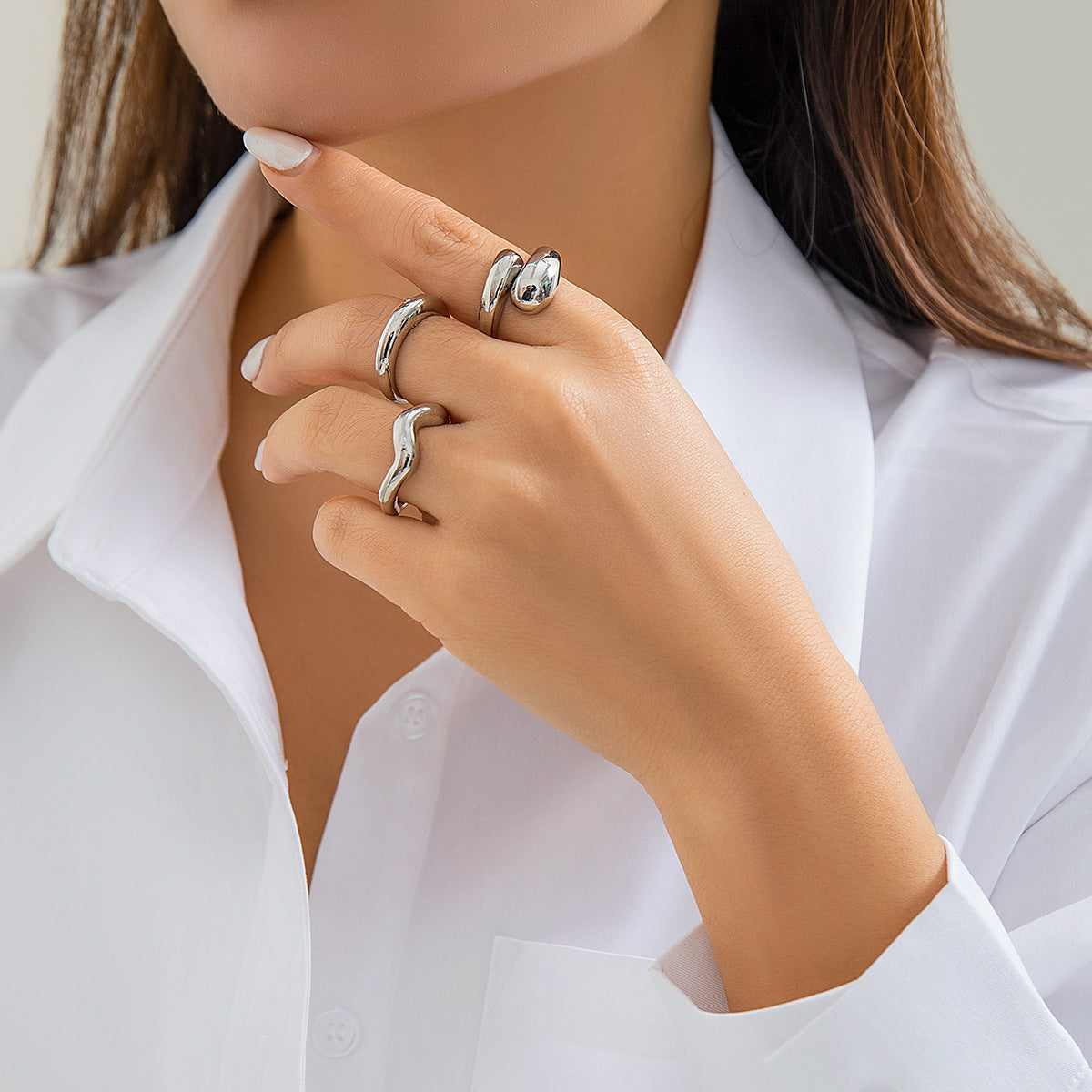 Minimalist Geometric Polished Alloy Ring Set for Women with Smooth Rounded Open Band Design