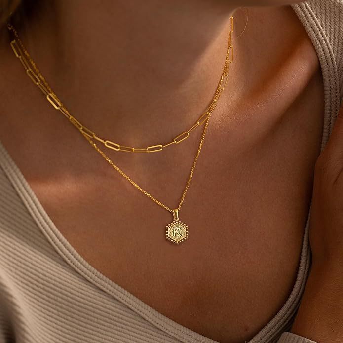 Vintage 18K Gold Plated Double Layer Paperclip Chain Necklace with Stainless Steel Heart and Hexagon Letter Pendant for Women