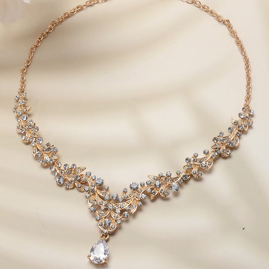 Sweet Rhinestone Inlaid Crystal Pendant Alloy Snake Chain Necklace and Earring Set for Women