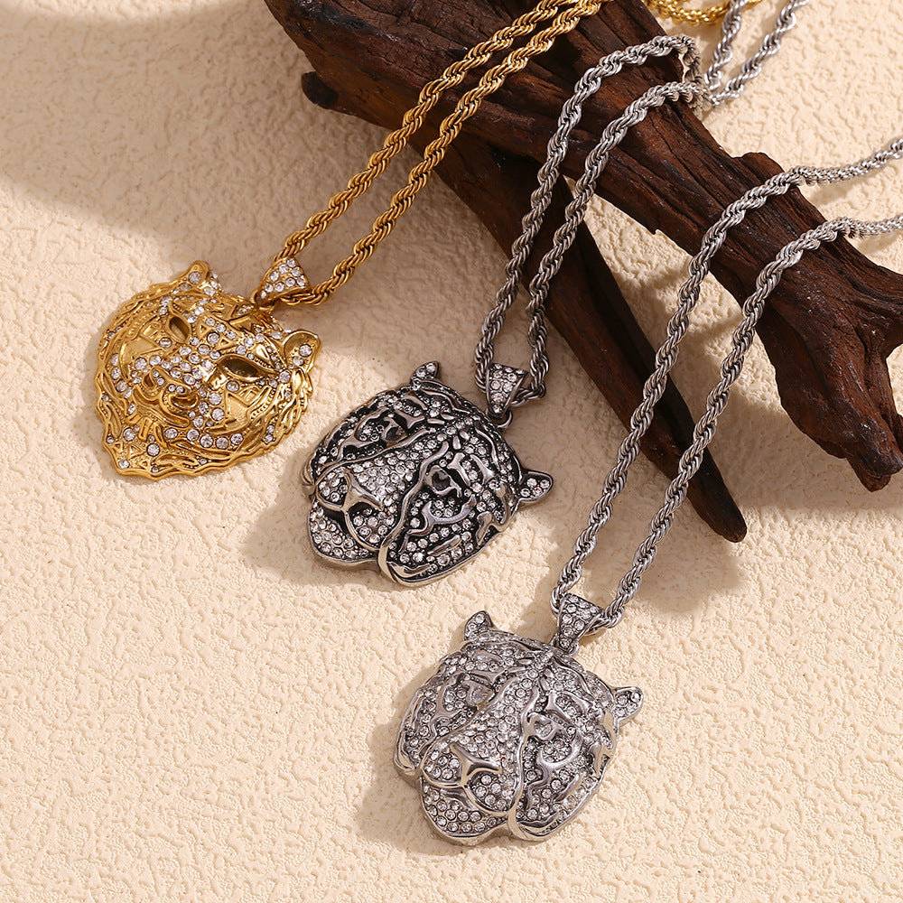 Hip Hop Style Tiger Face Pendant Necklace for Men Stainless Steel with 18K Gold Plating and Full Rhinestone Inlay on Twisted Chain