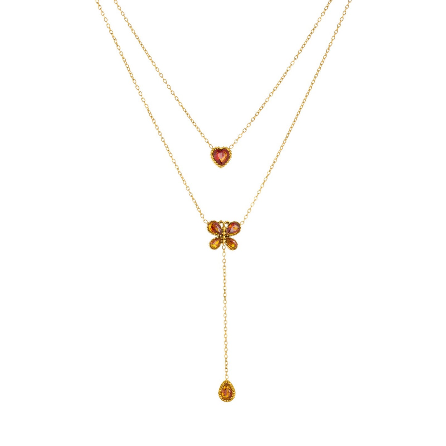 Fashion Streetwear Rhinestone Inlaid Heart Butterfly Teardrop Stainless Steel Pendant Double Layer Necklace