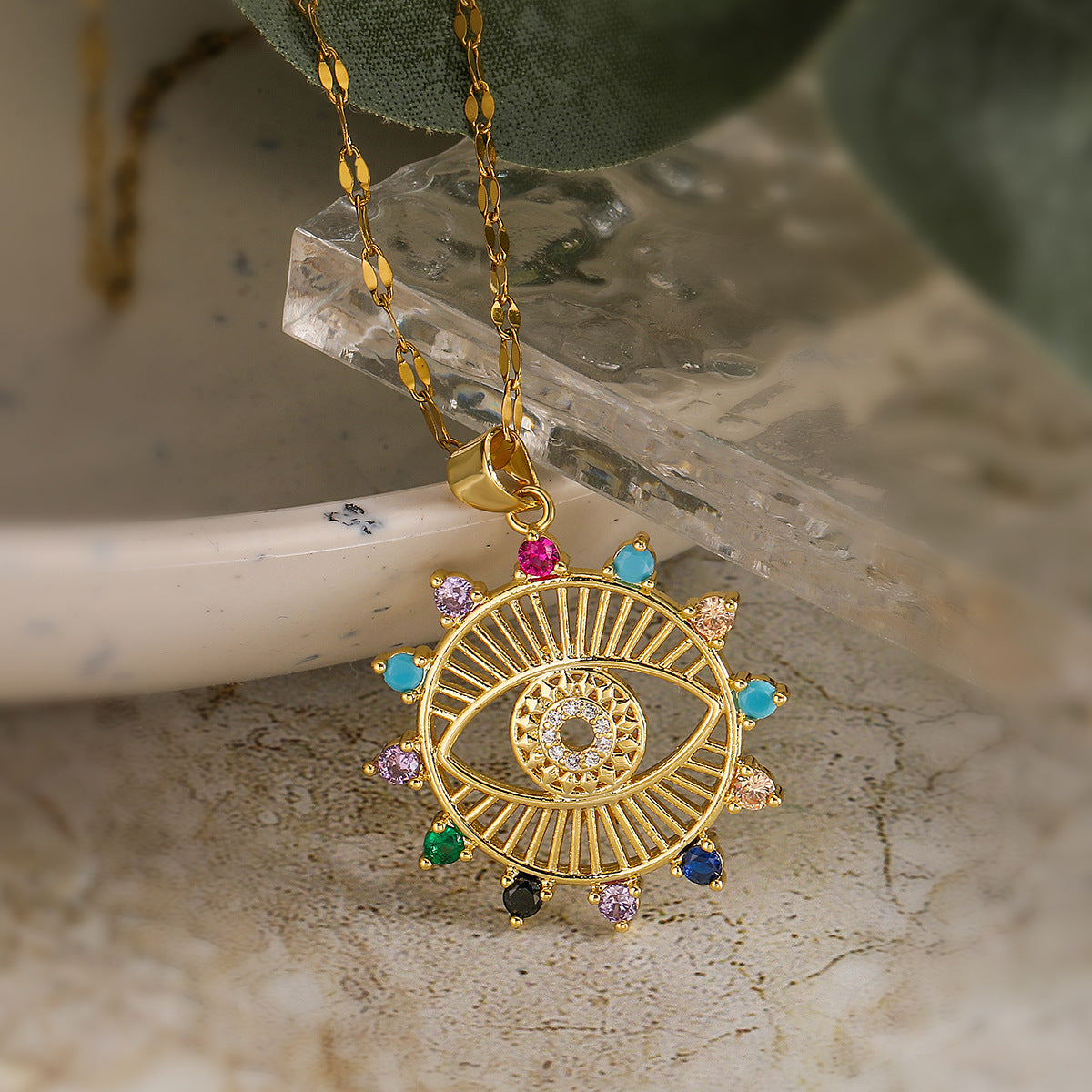 Minimalist Geometric Evil Eye Pendant Necklace for Women with Copper Base and Real Gold Plating Featuring Zircon Accents and Hollow-Out Detail