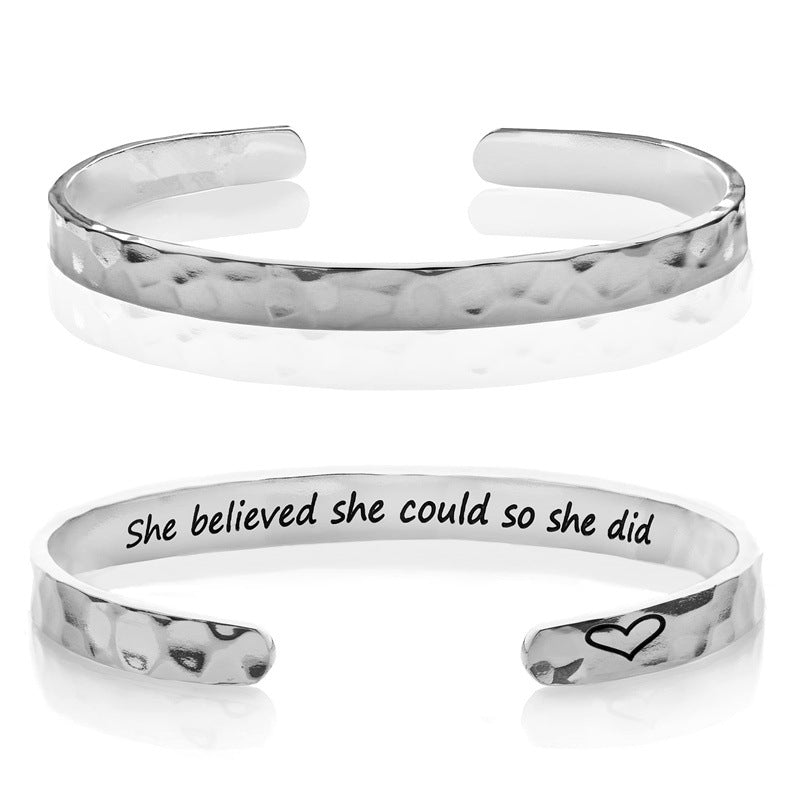 Minimalist Stainless Steel Engraved Open Moon Surface Textured Hammered Bracelet