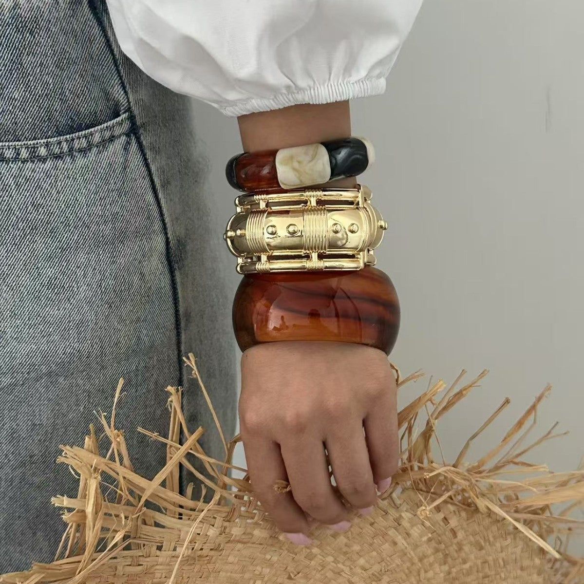 Irregular Geometric Resin Gold Plated Wide Cuff Bracelet