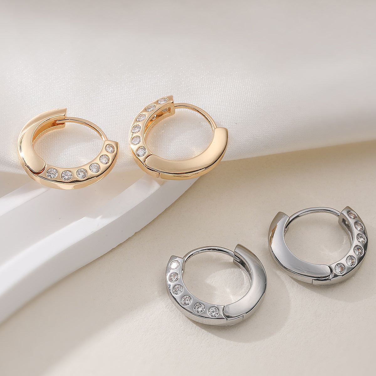 Minimalist 18K Gold Plated Brass Geometric Hoop Earrings with Cubic Zirconia for Women