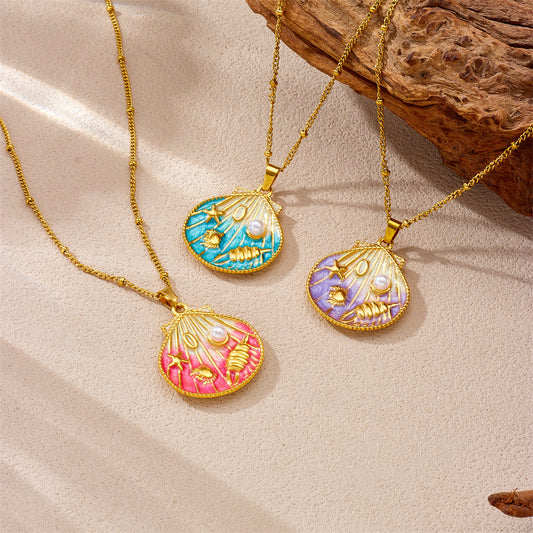 Dulce Collar Minimalista con Colgante de Animal Marino de Concha en Acero Inoxidable con Acabado Esmaltado Degradado