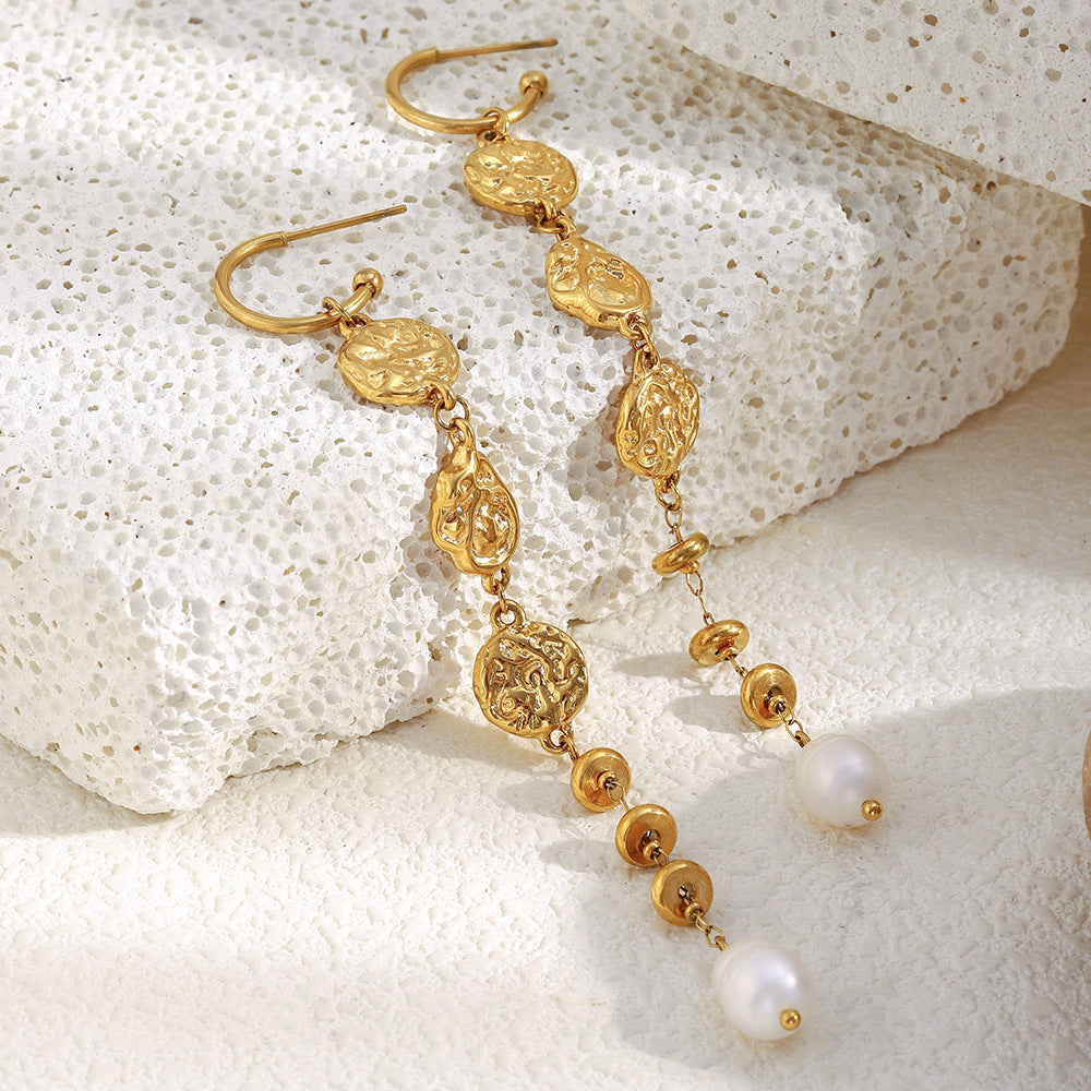 Minimalist Geometric Stainless Steel Earrings with 18K Gold Plating, Hammered Texture, Long Tassel Design, and Pearl Accents for Women