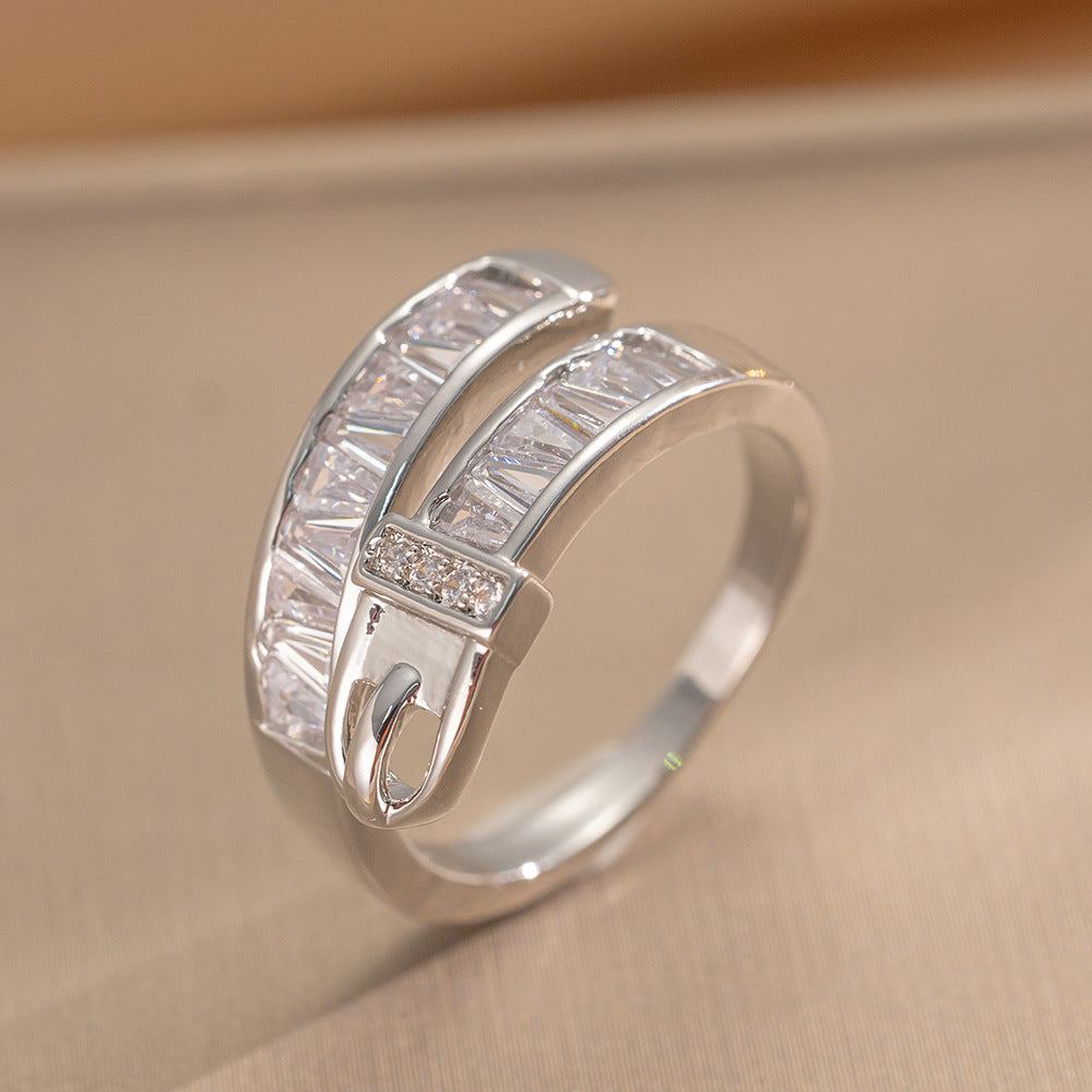Luxury Minimalist Adjustable Open Ring for Women with Gold-Plated Copper Band and Zircon Stone Accent in Heart and Floral Shape