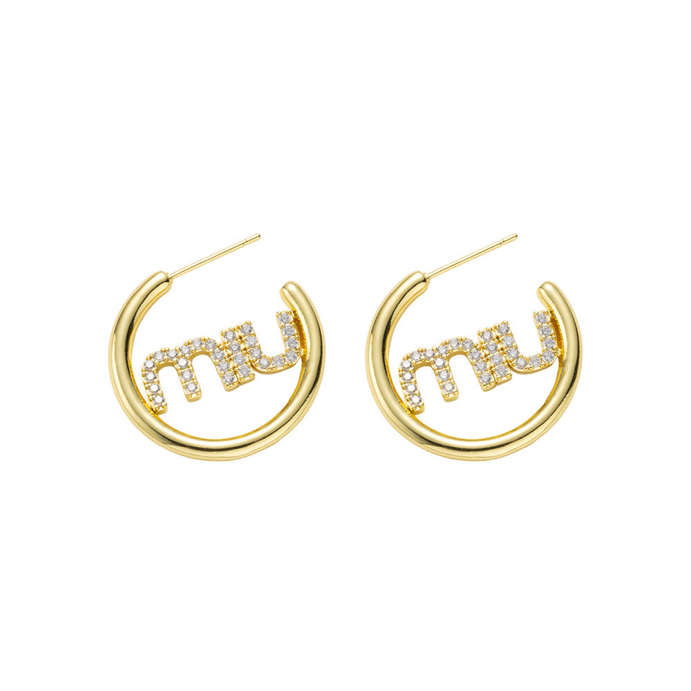 Minimalist M Letter Stud Earrings for Women in Brass with 18K Gold Plating and Rhinestone Accents